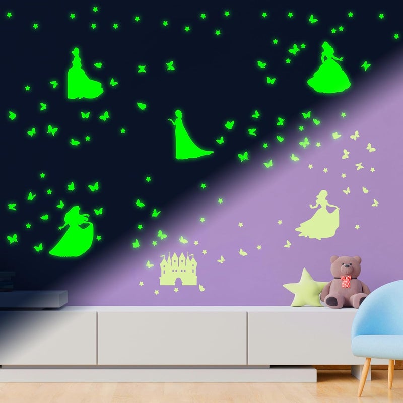Robmoda Glow in The Dark Princess Castle Wall Sticker, Self-Adhesive Star Butterfly Wall Decal for Girl's Room, Fluorescent Sticker for Ceiling Nursery (Green) - Image 3